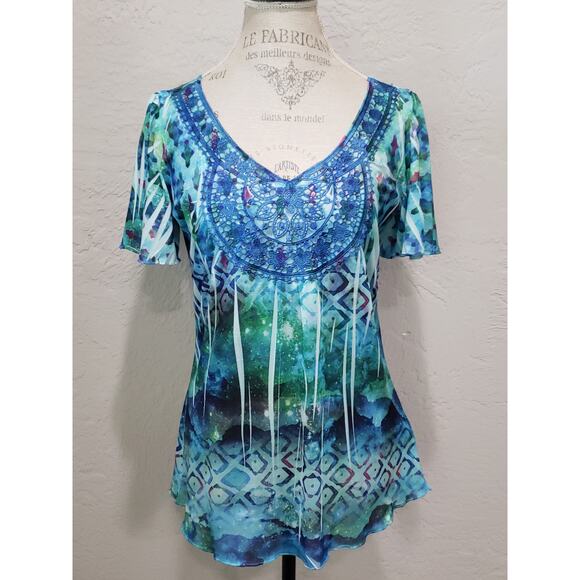 One World Live & Let Live Tie Dye Multi Color Short Sleeve V Neck Blouse Shirt - Picture 7 of 7